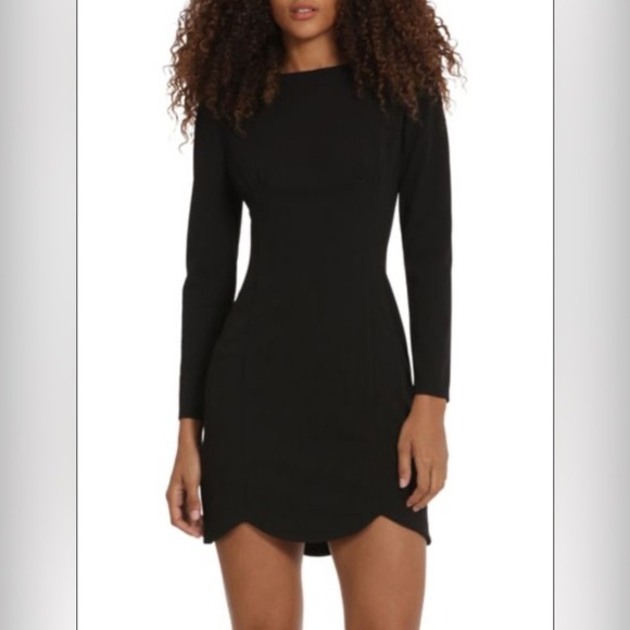Donna Morgan Black Long Sleeve Crepe Scalloped Mini Dress, New, Size 6 - Picture 1 of 12